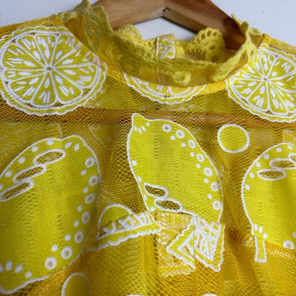 Anthropologie Yellow Lace Appliqué Short-Sleeve Blouse - Picture 4 of 10